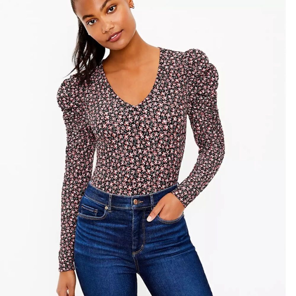Loft Floral Puff Sleeve Top Long Sleeve Size Petite Small